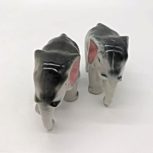 Vintage Pair (2) of Miniature Ceramic Gray & White Elephant Figurines Japan - Picture 4 of 8